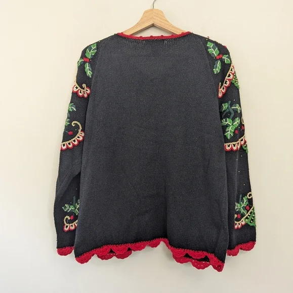 Vintage 90s Ugly‎ Christmas Embroidered Holly Sweater 3D - Picture 3 of 14